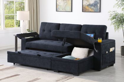 Ashlyn II 84"W Dark Gray Woven Fabric Reversible Sleeper Sectional Sofa with Storage Chaise, Storage Arm, Cup Holder, Charging Ports, Side Pocket